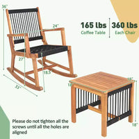 Costway Ensemble fauteuil à bascule table bistro de patio 3 pièces en bois d'acacia, corde toutes saisons d'extérieur