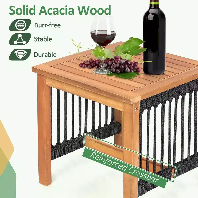 Costway Ensemble fauteuil à bascule table bistro de patio 3 pièces en bois d'acacia, corde toutes saisons d'extérieur
