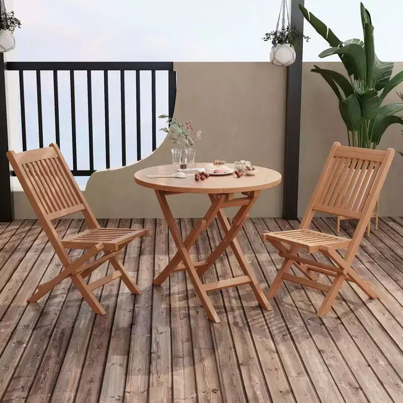 Costway Ensemble bistro de salle à manger de terrasse en bois de teck d'Indonésie 3 pièces, chaise et table pliantes à lattes