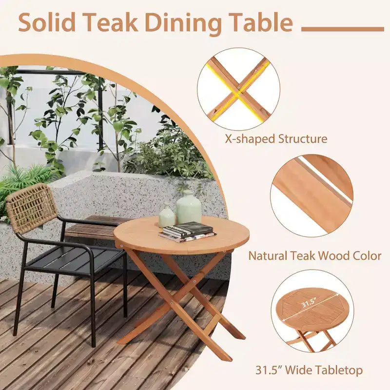 Costway Ensemble bistro de salle à manger de terrasse en bois de teck d'Indonésie 3 pièces, chaise et table pliantes à lattes