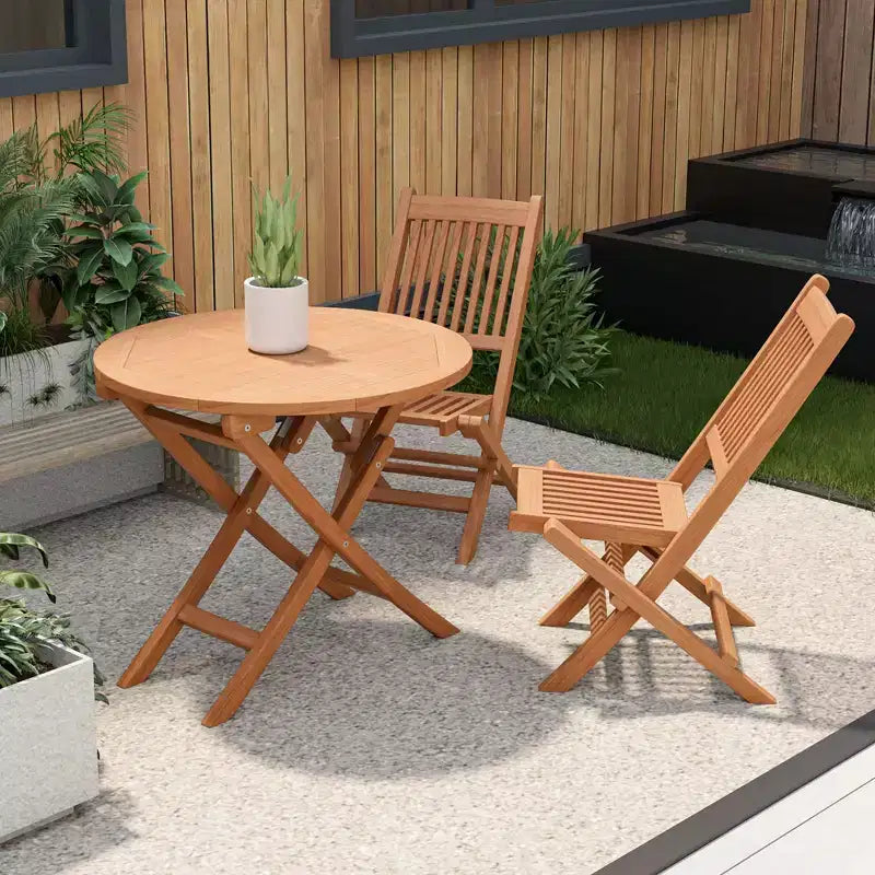 Costway Ensemble bistro de salle à manger de terrasse en bois de teck d'Indonésie 3 pièces, chaise et table pliantes à lattes