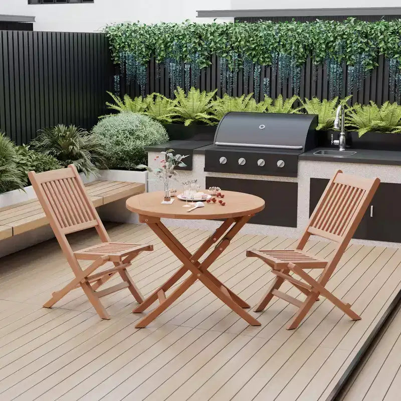 Costway Ensemble bistro de salle à manger de terrasse en bois de teck d'Indonésie 3 pièces, chaise et table pliantes à lattes