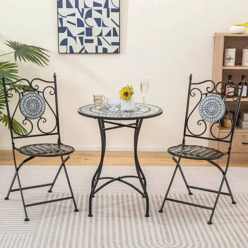 Costway Ensemble bistro de patio 3 pièces Motif mosaïque Métal robuste Pliant pour l'extérieur