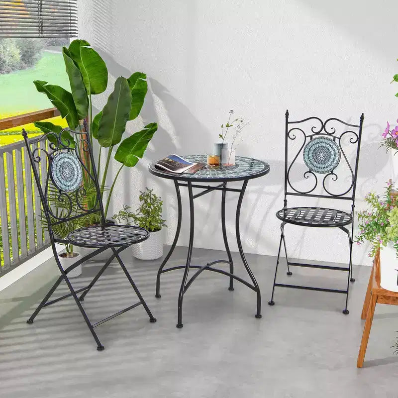 Costway Ensemble bistro de patio 3 pièces Motif mosaïque Métal robuste Pliant pour l'extérieur