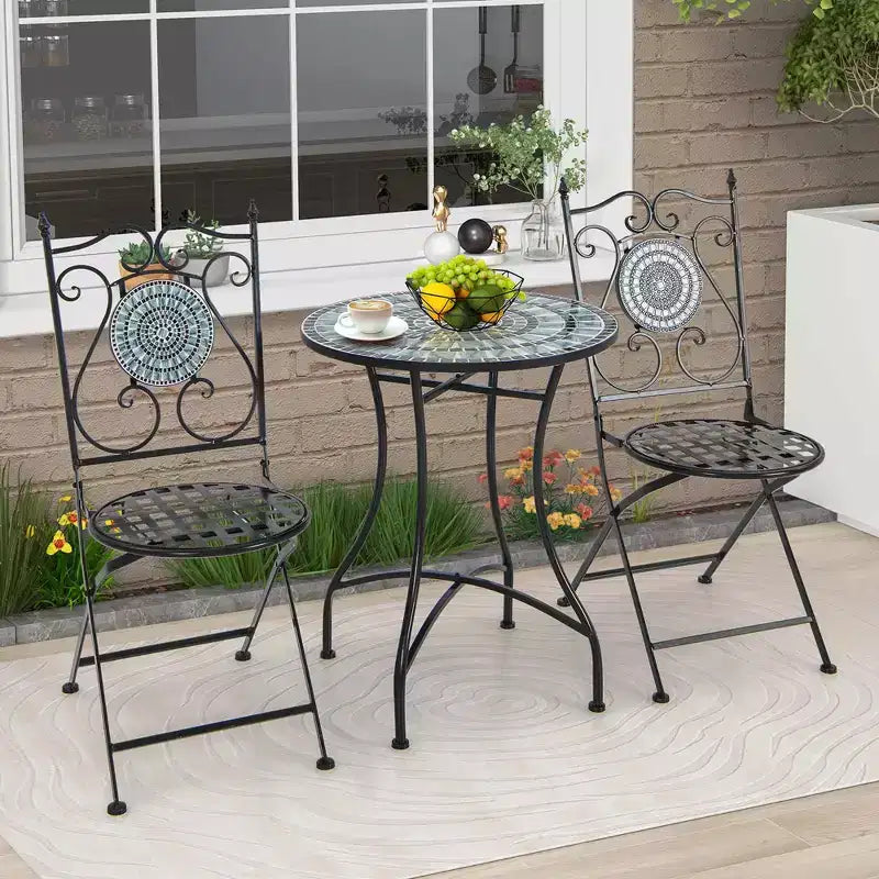 Costway Ensemble bistro de patio 3 pièces Motif mosaïque Métal robuste Pliant pour l'extérieur