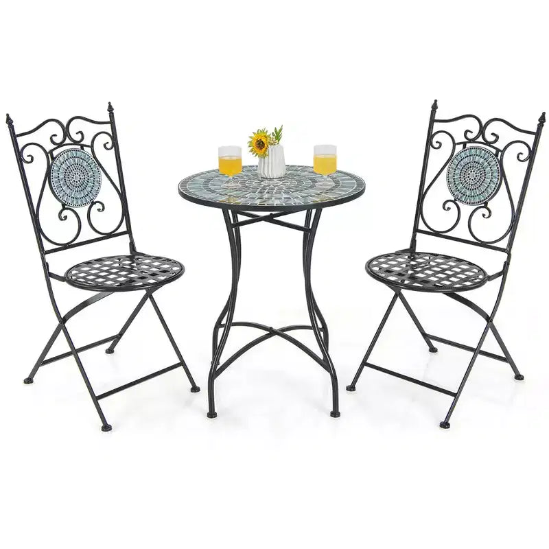 Costway Ensemble bistro de patio 3 pièces Motif mosaïque Métal robuste Pliant pour l'extérieur