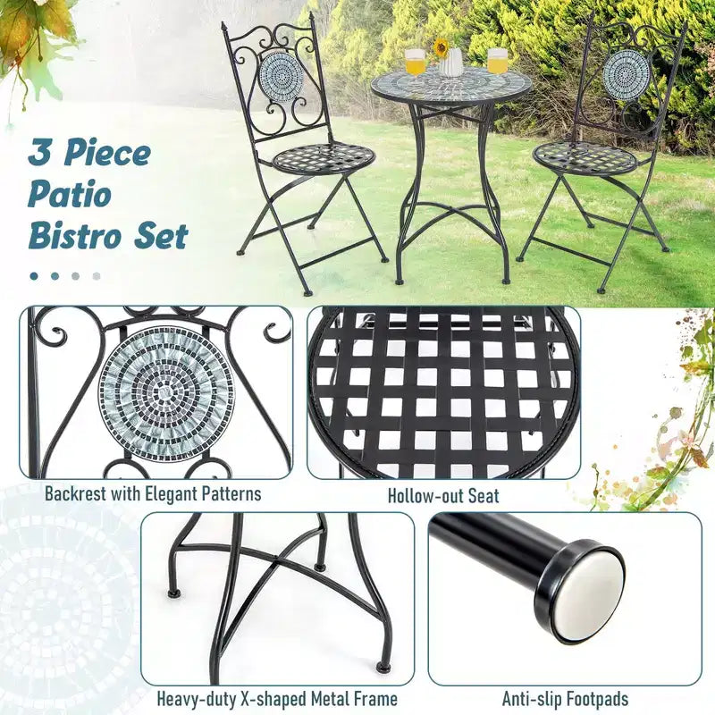 Costway Ensemble bistro de patio 3 pièces Motif mosaïque Métal robuste Pliant pour l'extérieur