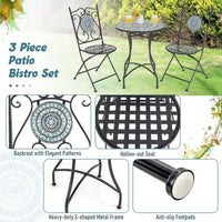 Costway Ensemble bistro de patio 3 pièces Motif mosaïque Métal robuste Pliant pour l'extérieur