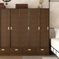 Armoire-penderie marron avec tiroirs, tringle et 4 portes coulissantes