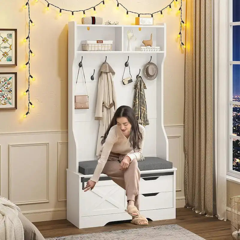 Hall Tree avec banc et rangement à chaussures, porte-manteau, porte de grange