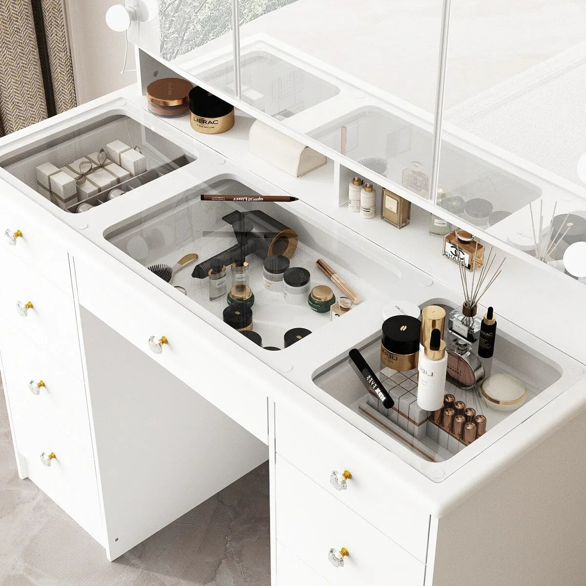 Coiffeuse de maquillage avec miroir triptyque, certifiée, éclairage, dessus en verre, commode