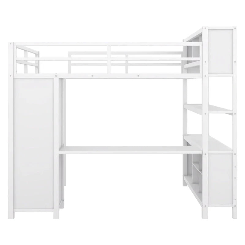 Lit mezzanine en métal blanc cassé avec bureau et armoire - Grand lit