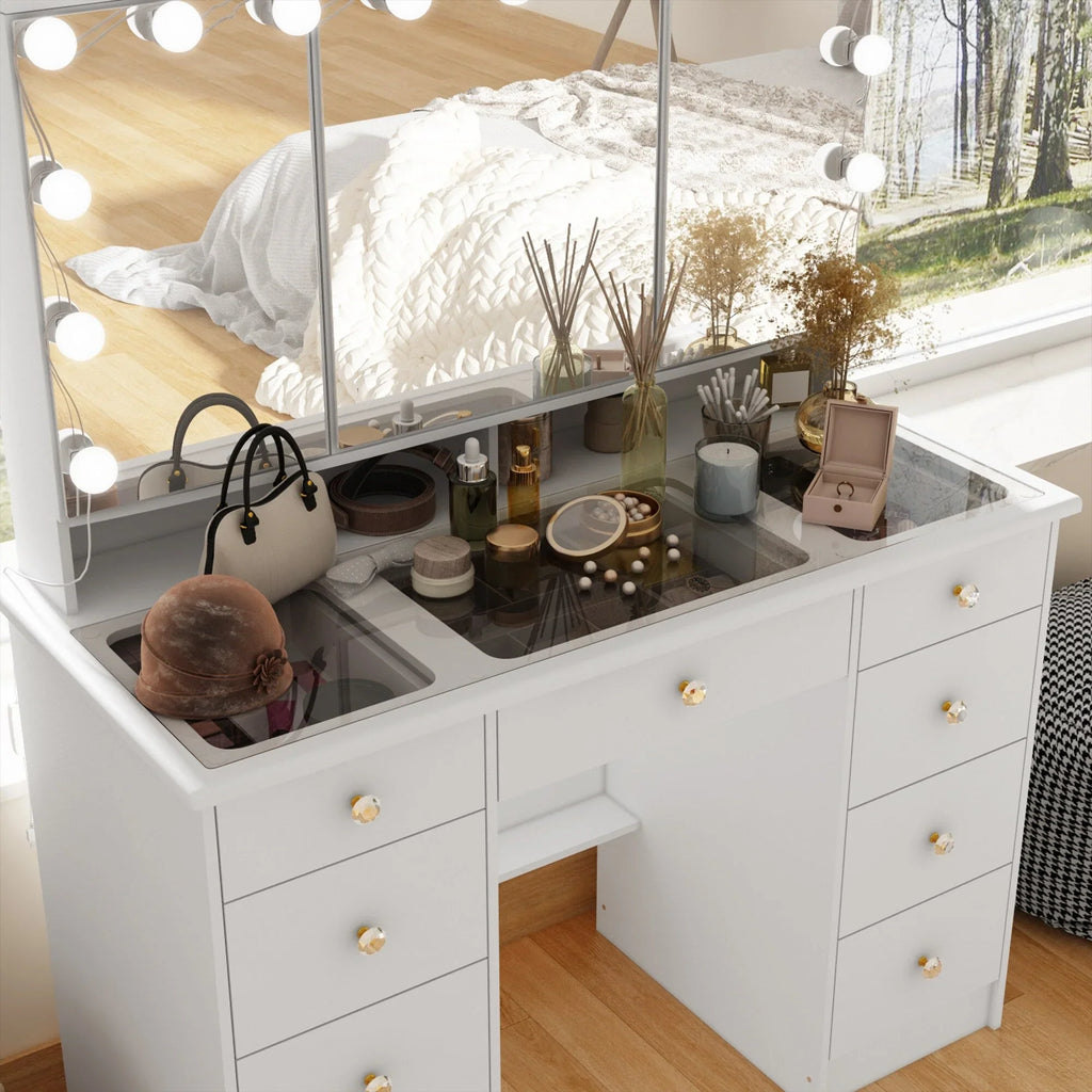 Coiffeuse de maquillage avec miroir triptyque, certifiée, éclairage, dessus en verre, commode