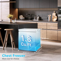 Congélateur coffre 1.8 pi³ avec panier amovible, drain inférieur, thermostat 7 niveaux, conception autonome pour maison et appartement