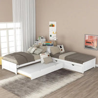Lit plateforme en L moderne blanc de taille double avec lit gigogne et tiroirs pour chambre à coucher