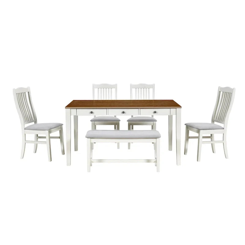 Ensemble de salle à manger 6 pièces en bois avec 4 chaises et un banc, table avec tiroir
