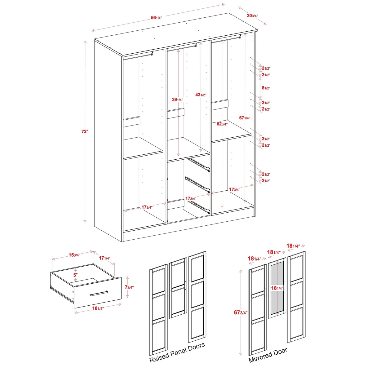 Palace Imports Armoire-penderie Cosmo 3 portes 100% bois massif avec portes en bois massif ou miroir