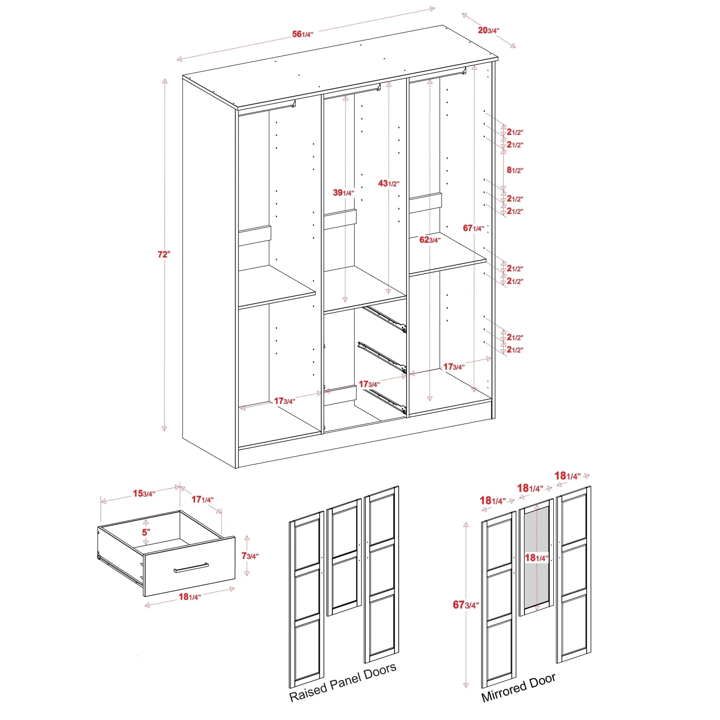 Palace Imports Armoire-penderie Cosmo 3 portes 100% bois massif avec portes en bois massif ou miroir