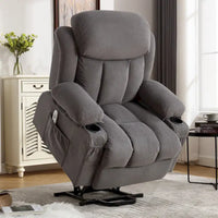 Fauteuil releveur électrique gris avec massage chauffant, charge USB, télécommande et poches latérales pratiques pour seniors
