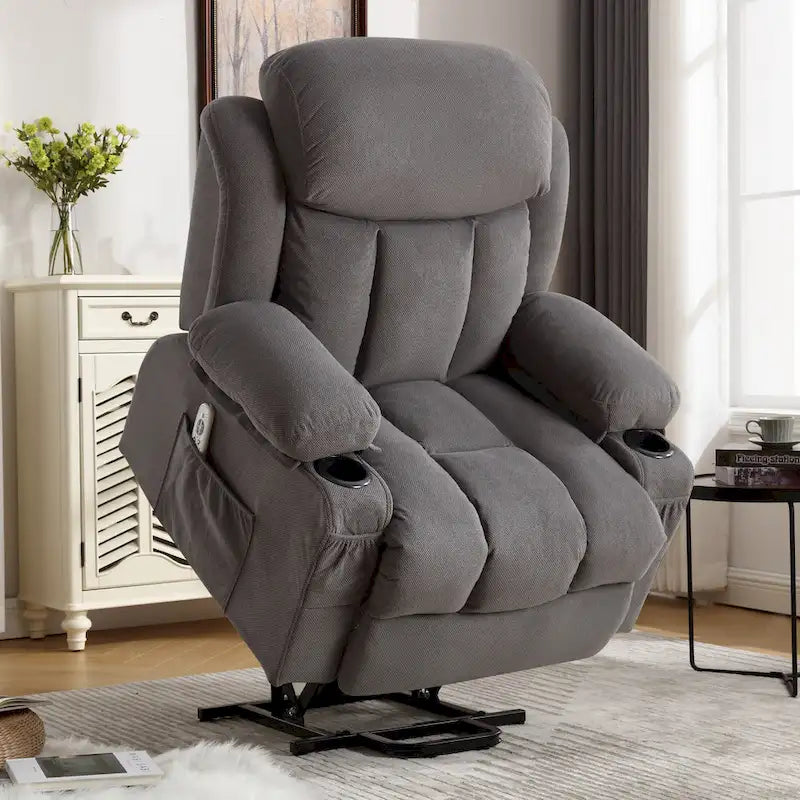 Fauteuil releveur électrique gris avec massage chauffant, charge USB, télécommande et poches latérales pratiques pour seniors