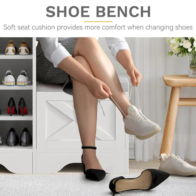 Meuble à chaussures farmhouse avec porte coulissante, banc à chaussures, meuble de rangement à 5 niveaux avec étagères réglables pour 20 paires