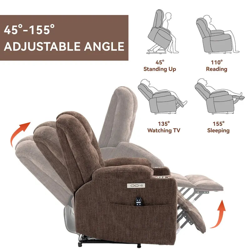 Fauteuil releveur électrique avec massage et chauffage, fauteuils inclinables larges rembourrés Lazy Boy avec USB, ports Type C et 2 porte-gobelets en acier