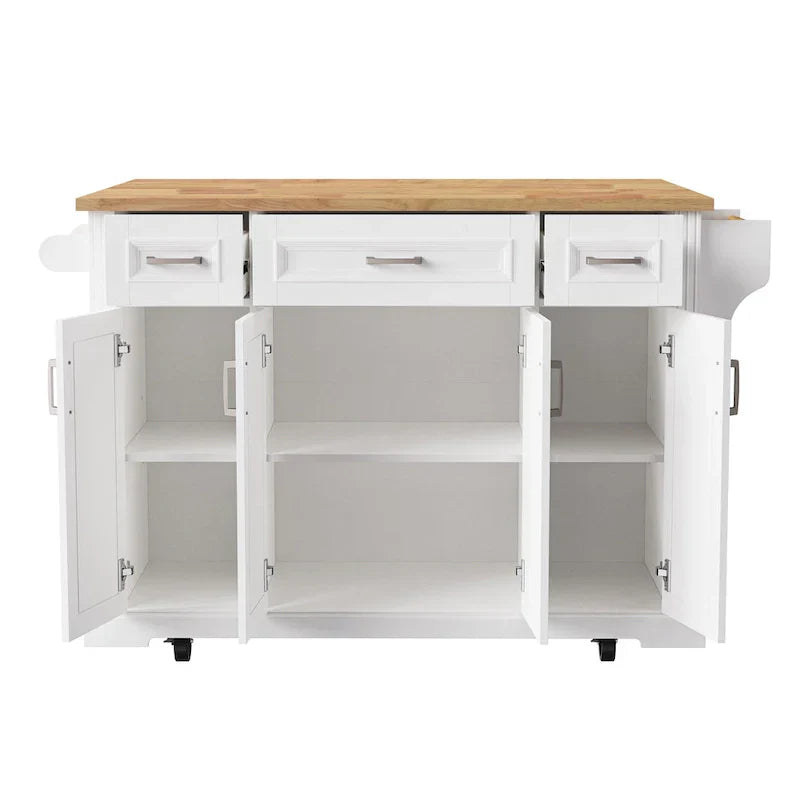 Grand îlot de cuisine avec rabat en bois, desserte de cuisine roulante texturée en relief avec portes et tiroirs avec rangement pour la cuisine, blanc
