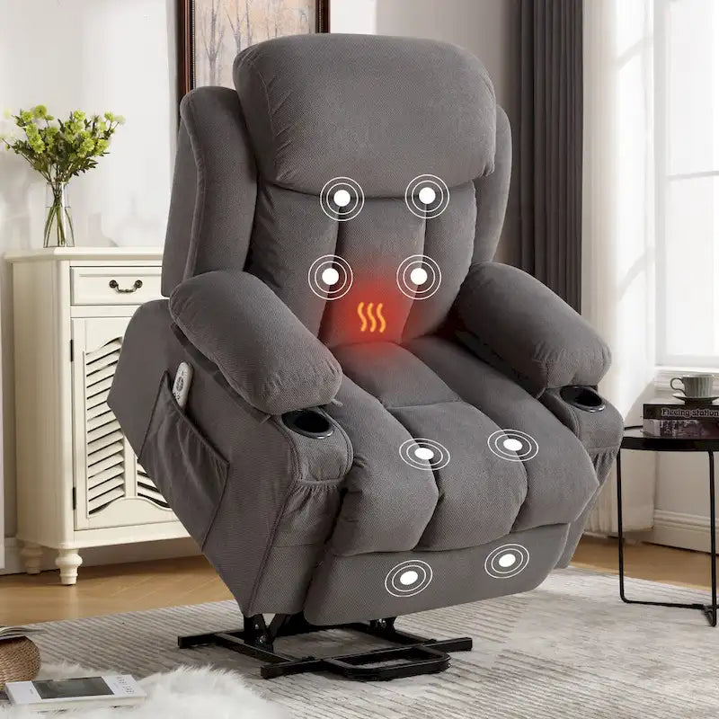 Fauteuil releveur électrique gris avec massage chauffant, charge USB, télécommande et poches latérales pratiques pour seniors