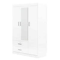 Armoire penderie 3 portes avec miroirs, étagères et 2 tiroirs