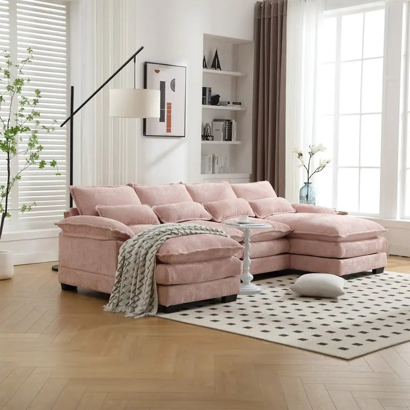 Canapé Sectionnel Canapé Nuage pour Salon, Canapé Moderne Forme U en Chenille/Bouclette, Canapé-Lit Modulable Confortable avec Double Méridienne