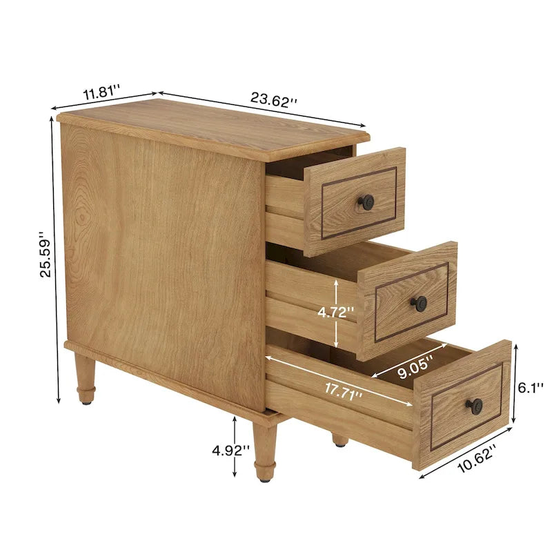 Table d'appoint étroite entièrement assemblée, table d'appoint en bois massif avec 3 tiroirs, table de chevet vintage fine pour petits espaces
