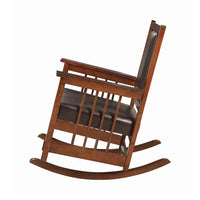 Chaise berçante de style Mission, assise et dossier rembourrés en cuir, tabac et brun foncé