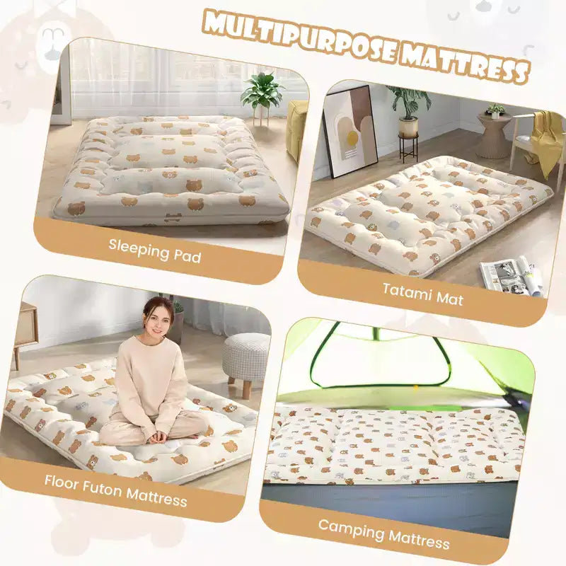 Costway Matelas futon Full / King / Queen / Twin, tapis de sol japonais, housse lavable, sac de transport, ours brun