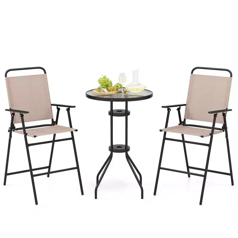 Costway Ensemble bistro de patio 3 pièces - Chaises pliantes, table de bar ronde avec trou pour parasol de 1,6'', jardin