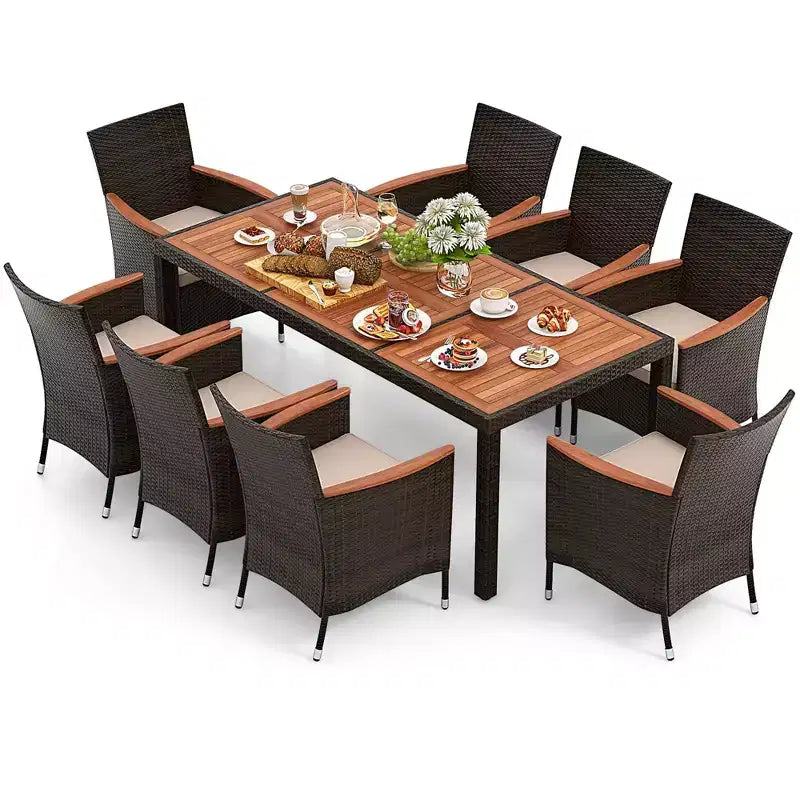 Costway Ensemble repas de jardin 9 pièces en osier, table en bois d'acacia avec trou pour parasol, coussins et chaises