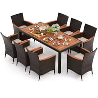 Costway Ensemble repas de jardin 9 pièces en osier, table en bois d'acacia avec trou pour parasol, coussins et chaises