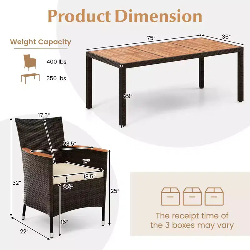 Costway Ensemble repas de jardin 9 pièces en osier, table en bois d'acacia avec trou pour parasol, coussins et chaises