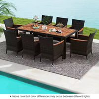 Costway Ensemble repas de jardin 9 pièces en osier, table en bois d'acacia avec trou pour parasol, coussins et chaises
