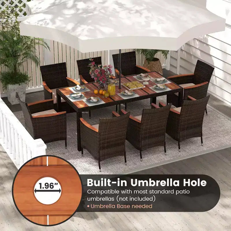 Costway Ensemble repas de jardin 9 pièces en osier, table en bois d'acacia avec trou pour parasol, coussins et chaises
