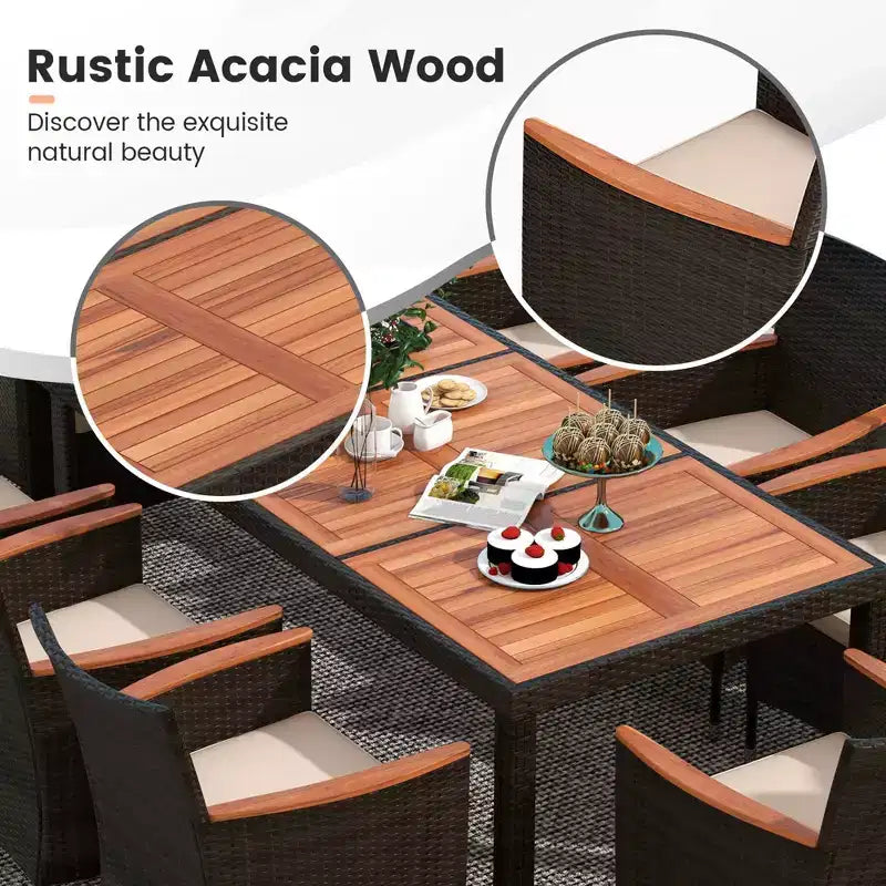 Costway Ensemble repas de jardin 9 pièces en osier, table en bois d'acacia avec trou pour parasol, coussins et chaises