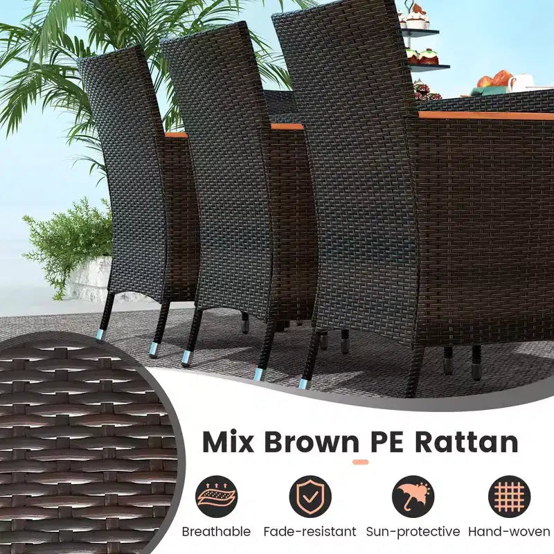 Costway Ensemble repas de jardin 9 pièces en osier, table en bois d'acacia avec trou pour parasol, coussins et chaises