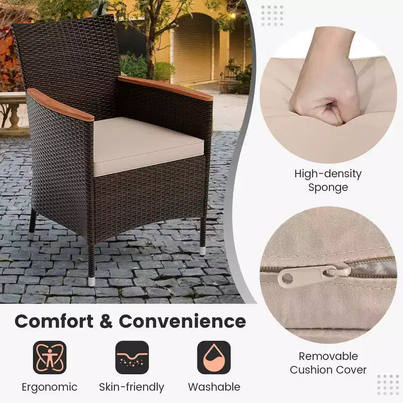 Costway Ensemble repas de jardin 9 pièces en osier, table en bois d'acacia avec trou pour parasol, coussins et chaises