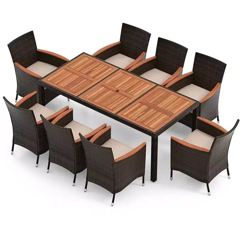 Costway Ensemble repas de jardin 9 pièces en osier, table en bois d'acacia avec trou pour parasol, coussins et chaises