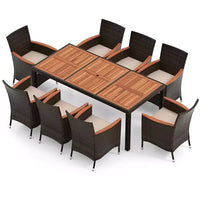 Costway Ensemble repas de jardin 9 pièces en osier, table en bois d'acacia avec trou pour parasol, coussins et chaises