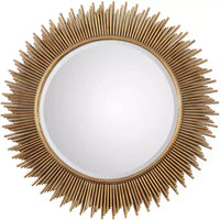 Miroir décoratif mural Uttermost Sunburst Vanity moderne, biseauté, cadre en fer et bois doré à la feuille, 36" de large pour salle de bain et chambre