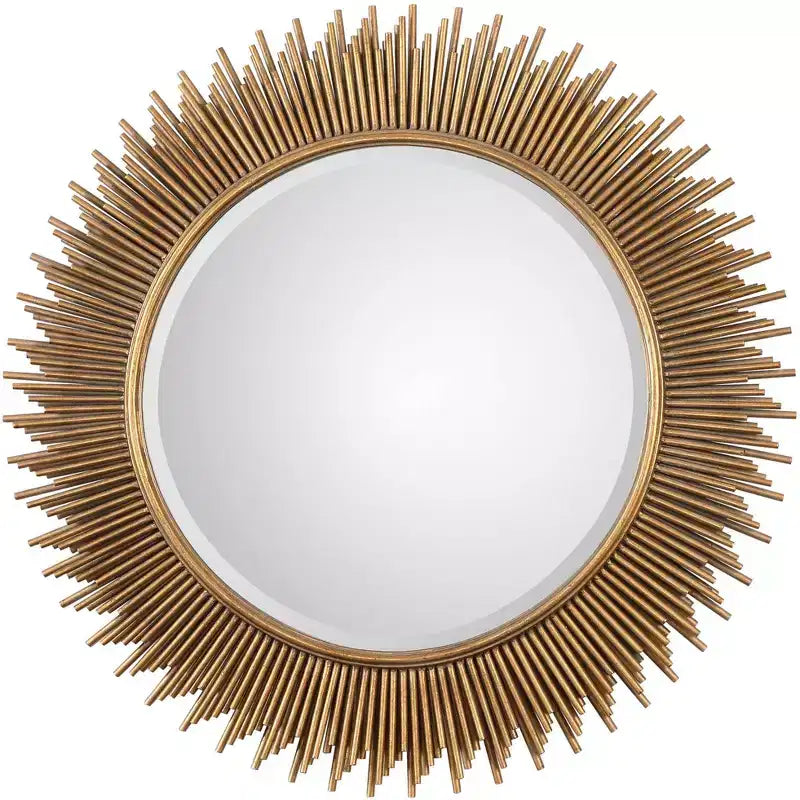 Miroir décoratif mural Uttermost Sunburst Vanity moderne, biseauté, cadre en fer et bois doré à la feuille, 36" de large pour salle de bain et chambre