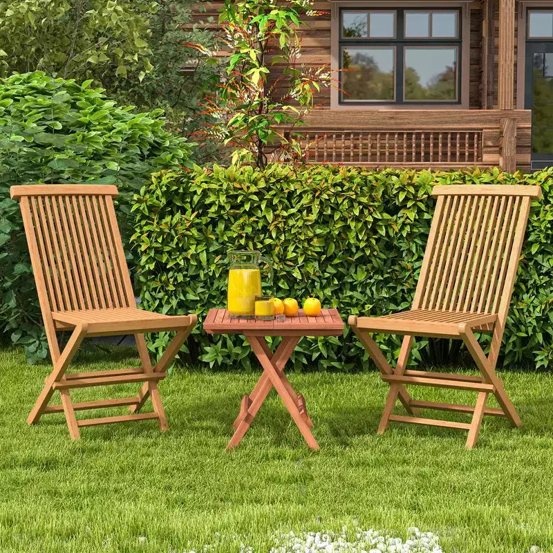 Costway Ensemble bistro de patio 3 pièces - Table carrée, chaise pliante en bois de teck d'Indonésie, plateau et assise à lattes