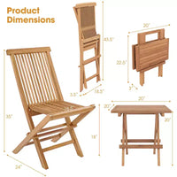 Costway Ensemble bistro de patio 3 pièces - Table carrée, chaise pliante en bois de teck d'Indonésie, plateau et assise à lattes