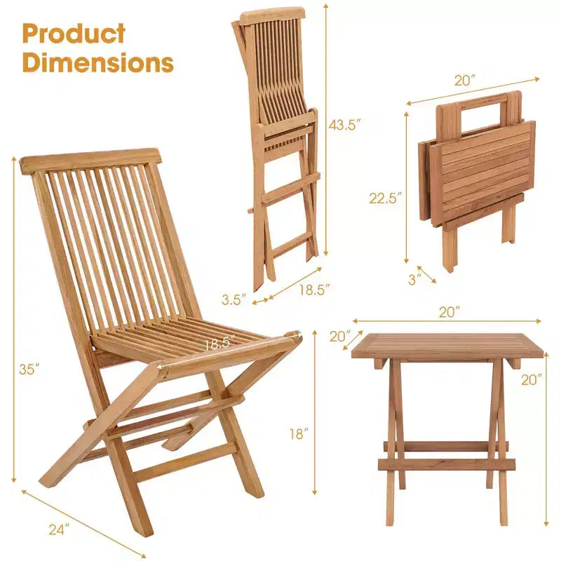 Costway Ensemble bistro de patio 3 pièces - Table carrée, chaise pliante en bois de teck d'Indonésie, plateau et assise à lattes