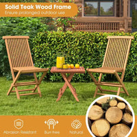 Costway Ensemble bistro de patio 3 pièces - Table carrée, chaise pliante en bois de teck d'Indonésie, plateau et assise à lattes
